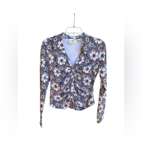 Maeve by Anthropologie Blue Motif Ruched Long Sleeve Shirt Size Medium - Picture 5 of 8